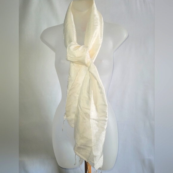 Vintage White Silk Scarf  with fringe - Picture 1 of 10